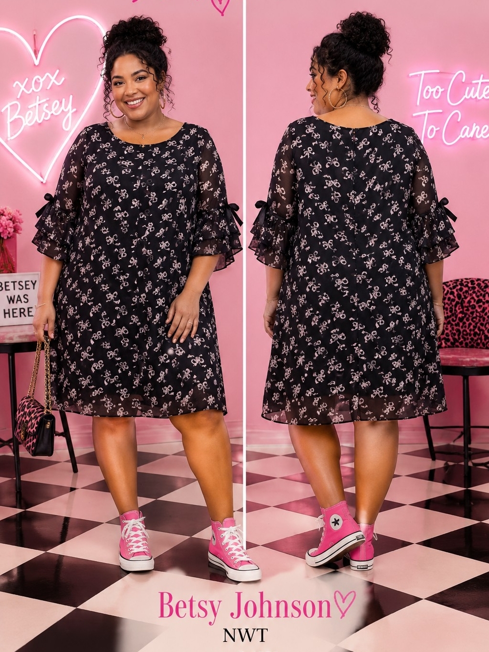 Betsey Johnson NWT 14W Black Floral Chiffon Dress Bow Flutter Sleeves MSRP $144